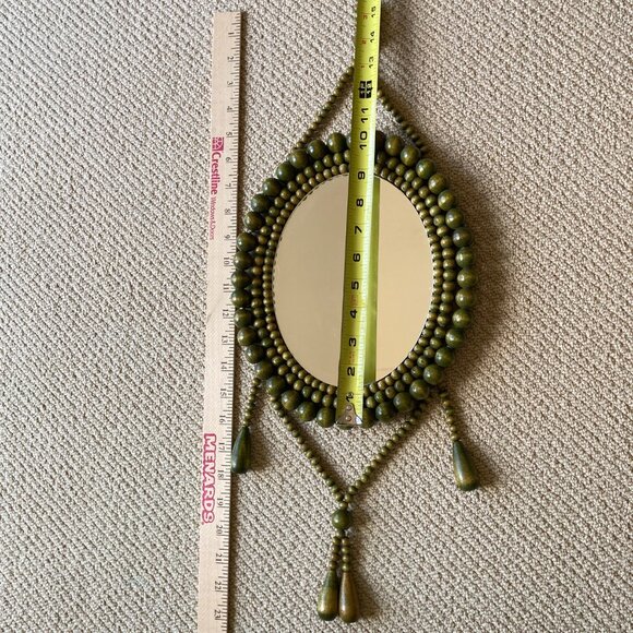 VTG Green Wooden Beads Tassels Frame Oval Mirror Boho Wall Hanging Cottagecore - Picture 16 of 17